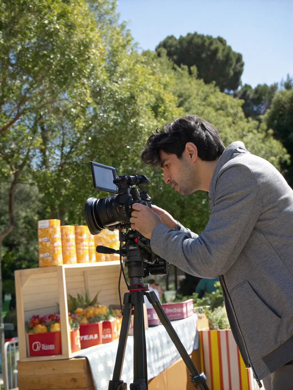 A professional videographer on location, using high-end equipment to film a real estate property, showcasing the attention to detail and cinematic quality Advanced Maneuvers brings to each project.