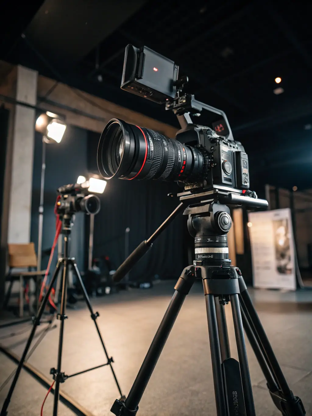 A close-up shot of a high-end cinema camera with professional lens attached, showcasing the advanced technology used for capturing high-quality video footage.