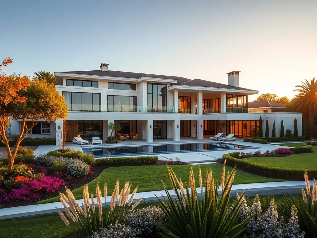 A cinematic shot of a luxury home exterior, showcasing its architectural details and landscaping, taken during golden hour to highlight its beauty.