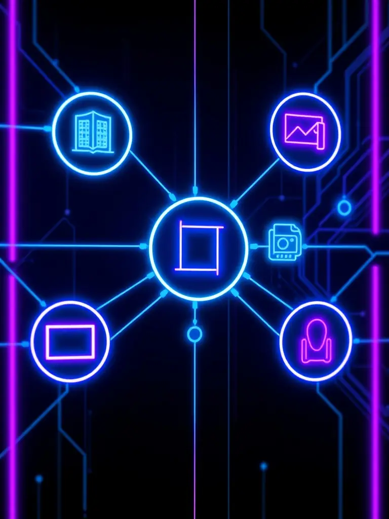 A glowing cyberpunk interface with interconnected icons representing event, video, and strategy, all set against a dark, futuristic background to unify the core services visually.