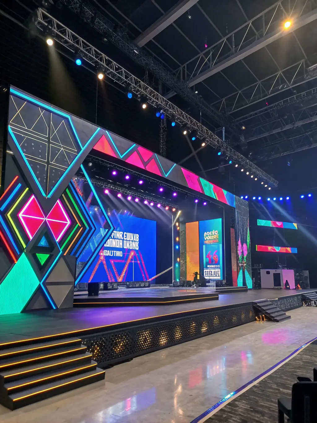 A neon-lit event stage with futuristic lighting, holographic effects, and a crowd immersed in a cyberpunk atmosphere, representing high-impact event production for a premium entertainment company.