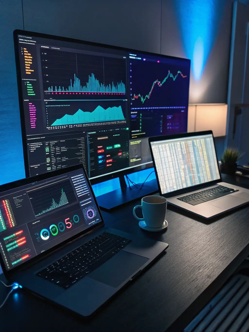 A creative consultant in a sleek, neon-lit workspace, surrounded by digital screens and futuristic marketing graphics, symbolizing innovative strategy and brand elevation.