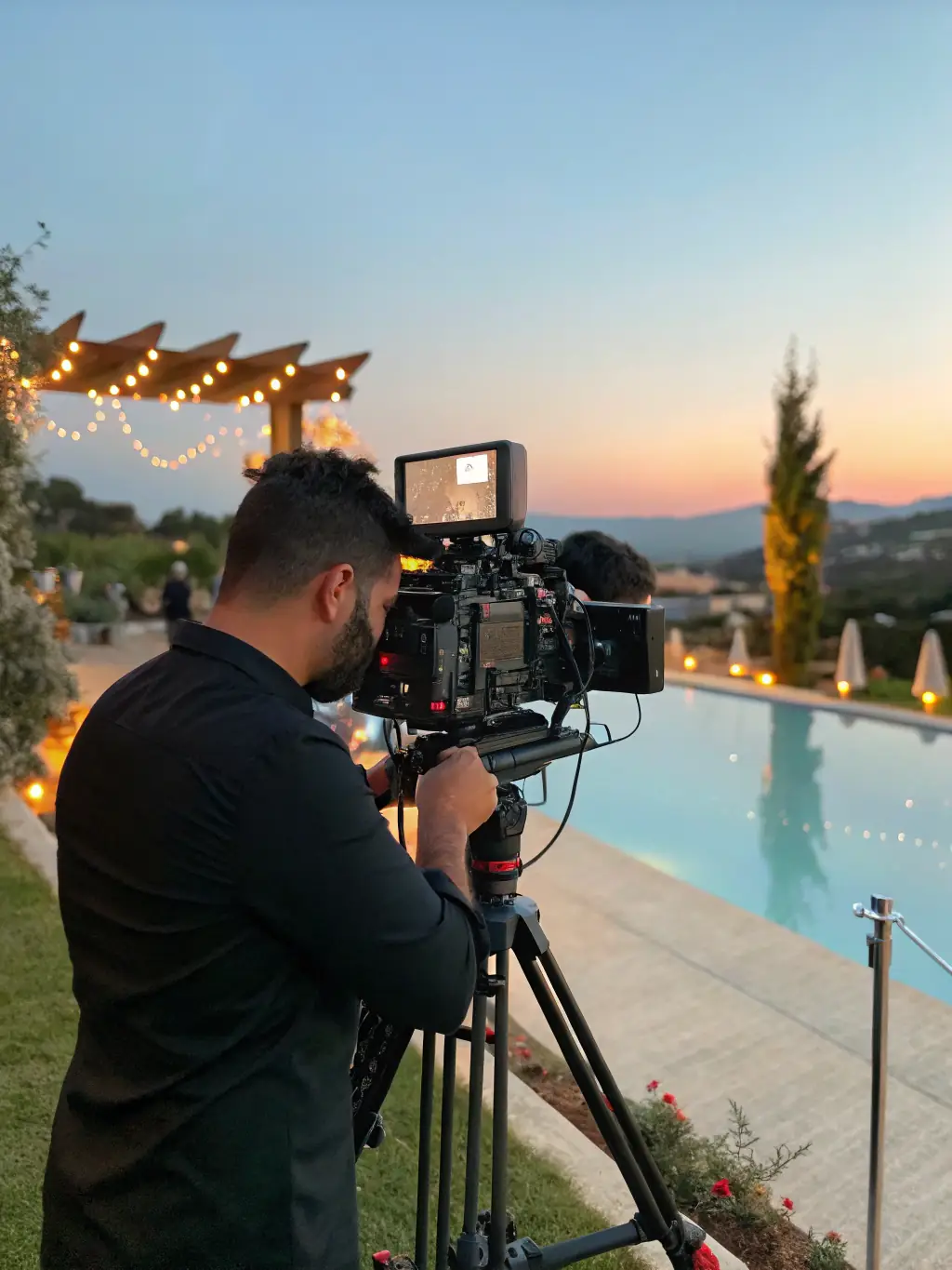 A professional videographer with a cyberpunk camera rig, capturing dynamic scenes under electric cyan and purple neon lights, evoking cinematic storytelling and high-tech creativity.